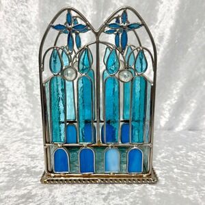 Handmade Artisan Leaded Stained Glass Candle Tea Light Holder Blue Turquoise